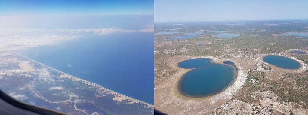 View from the flight to Inhambane with coastal dunes and lakes in Vilankulos