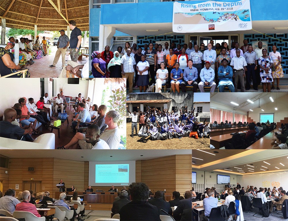 Various images from scoping meetings showing UK based researchers meeting UNESCO, NGOs, individual stakeholders, scientists and children in East Africa