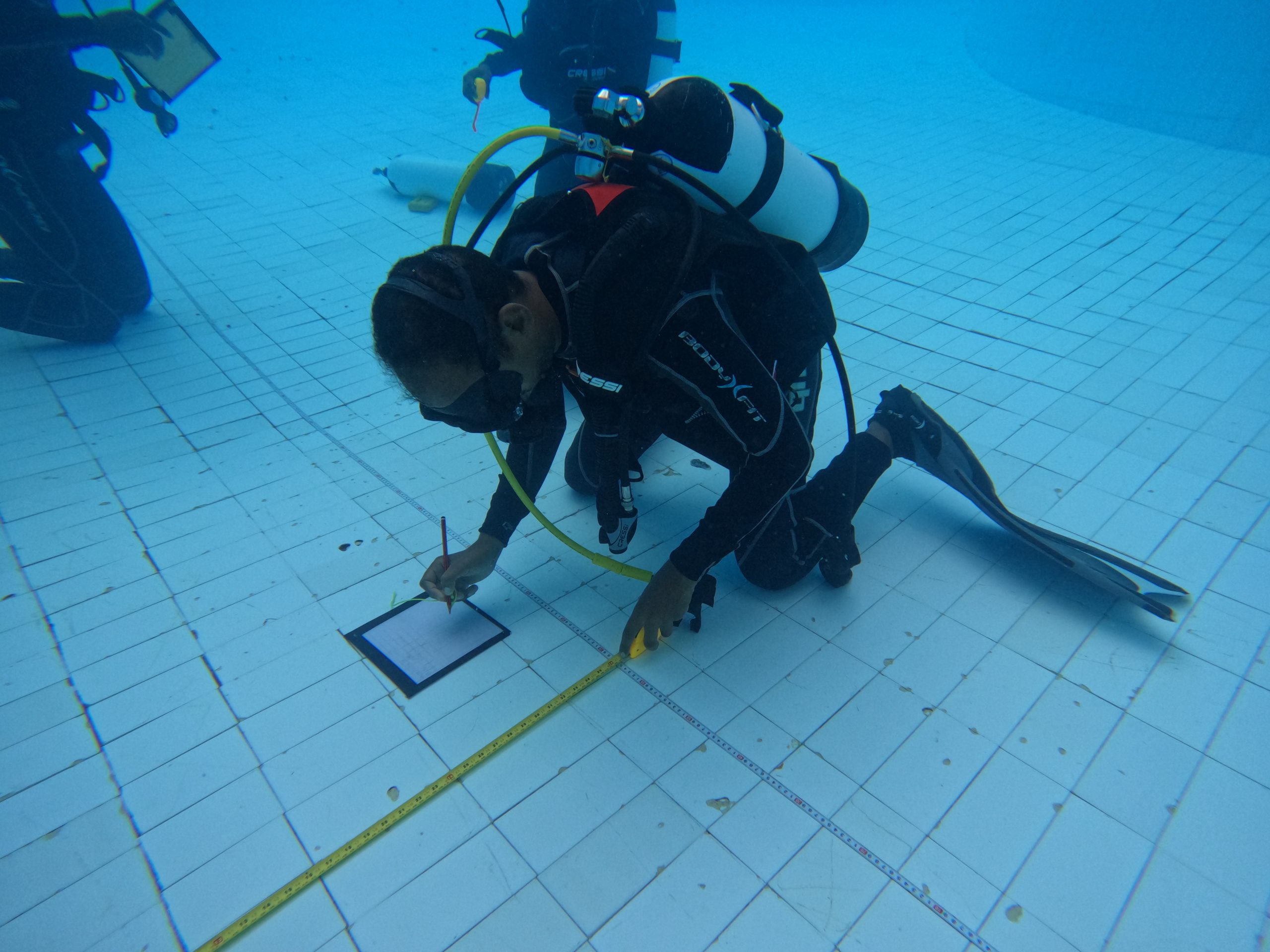 Participant practicing offsets and trilateration techniques in the pool 